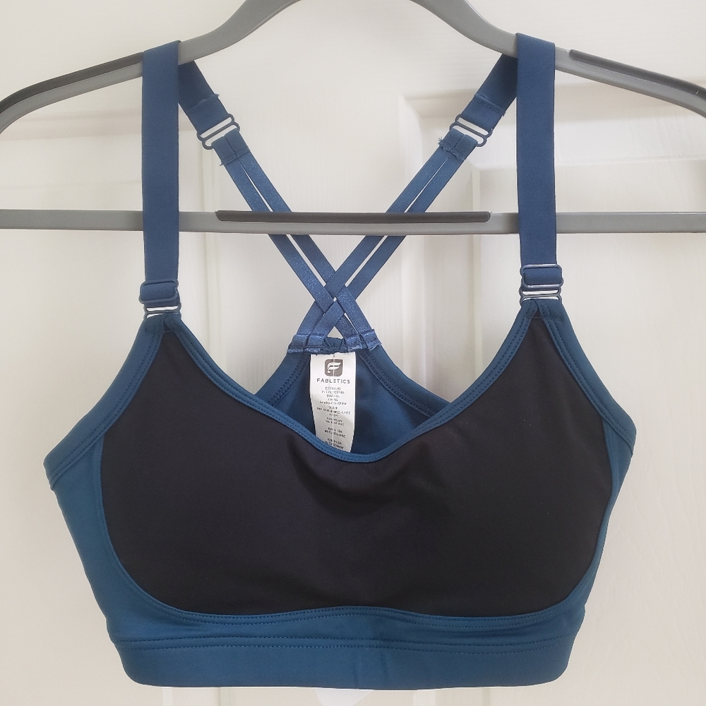 Fabletics KANA Sports Bra Small Crossback Blue Black Adjustable Removable Cups